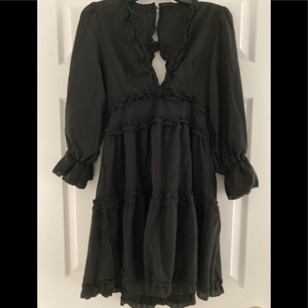 Long Sleeve Deep V-neck Backless Mini Black Dress